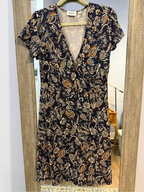 Leota Navy Paisley Wrap Midi Dress with Tan and Cream Accents